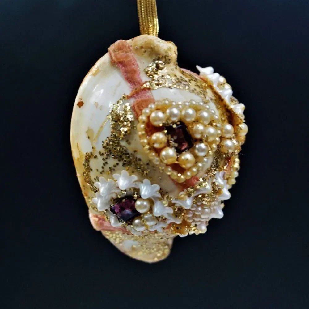 Vintage Christmas Ornament Seashell Beaded Mica Ribbon UNIQUE